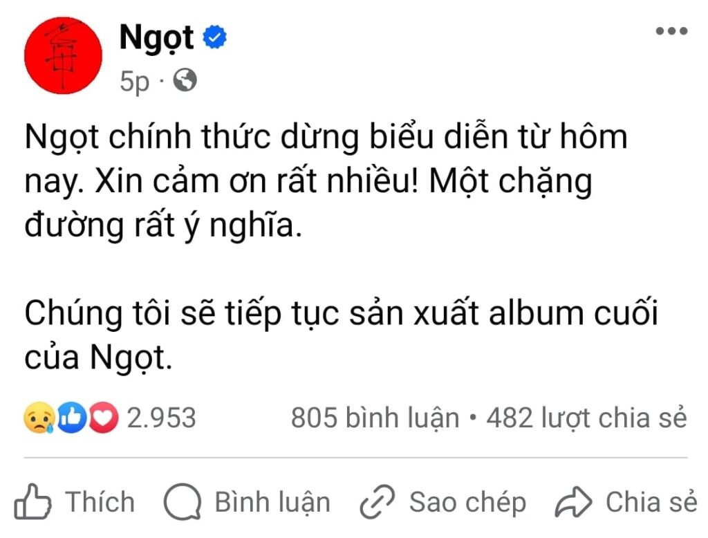 Thông báo của ban nhạc về việc dừng hoạt động. Ảnh: Fanpage Ngọt