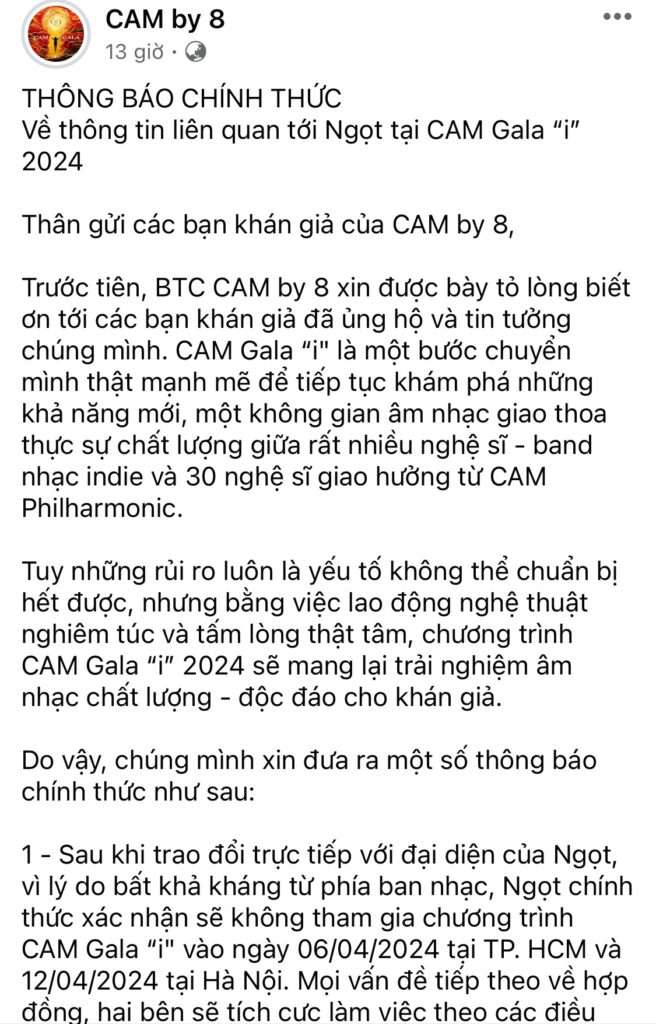 Ngot se khong tham gia ca hai chuong trinh của CAM Gala "i" tai Ha Noi va TP.HCM