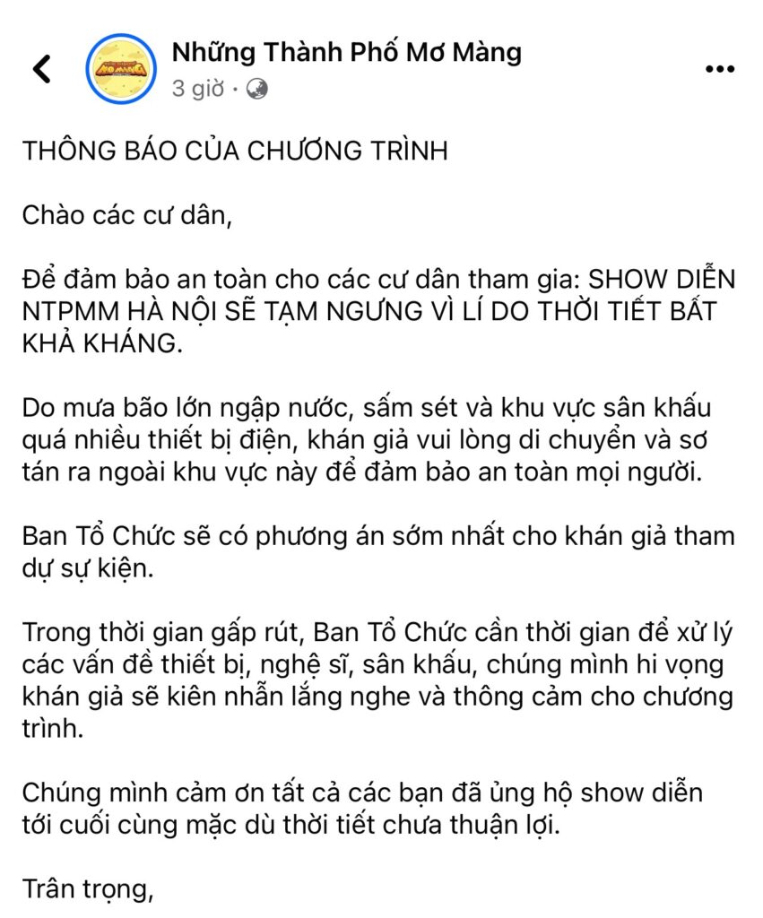 Thong bao cua ban to chuc ve viec tam hoan chuong trinh