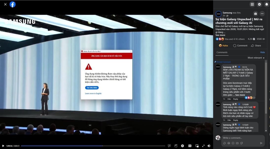 sự kiện samsung livestream dùng adobe trái phép