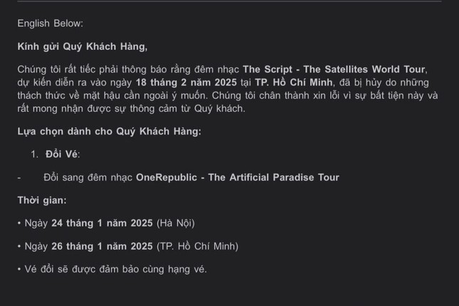 Emai thong bao huy show Satellites World Tour cua The Script trong TP.HCM