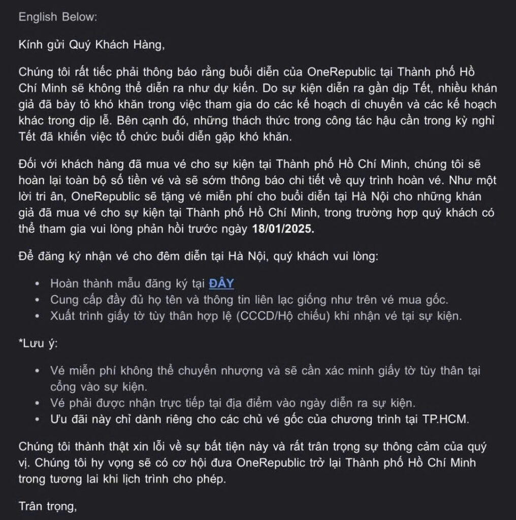 Dem nhac OneRepublic tai TP,HCM se khong the dien ra nhu du kien