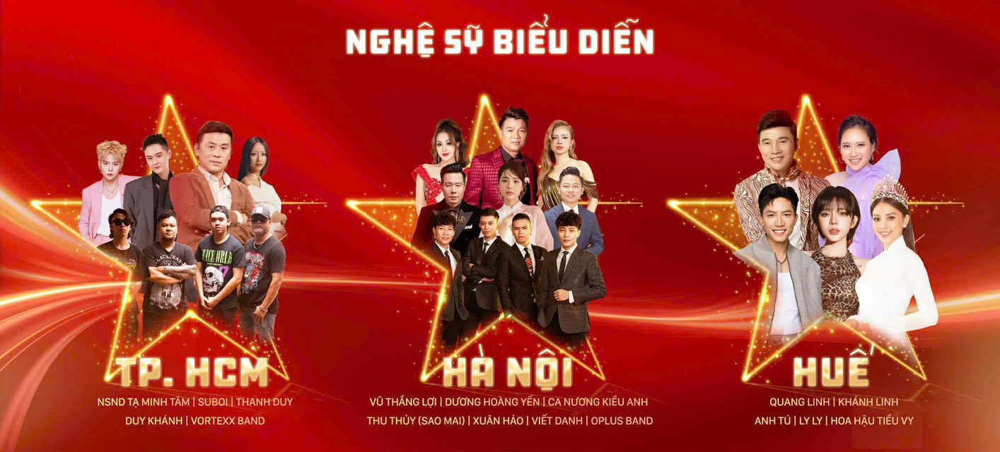 Dàn nghệ sĩ 3 điểm cầu dưới cờ vinh quang