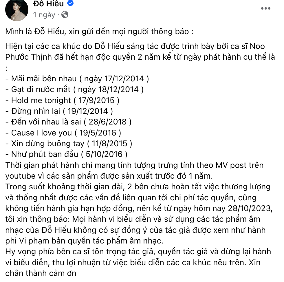 Nhạc sĩ Đỗ Hiếu đăng thông báo